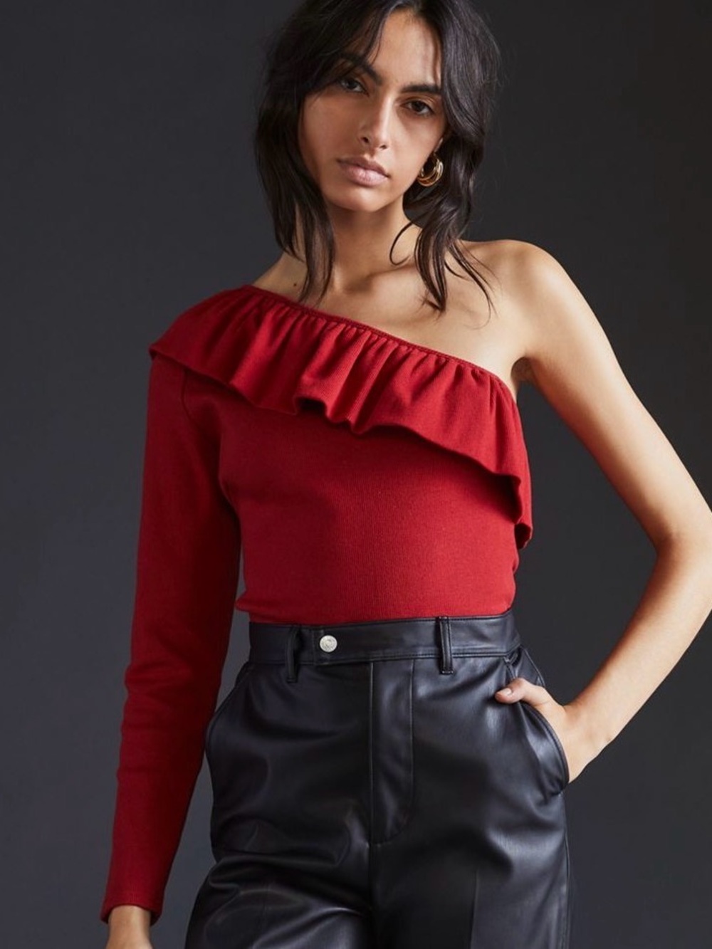 By Anthropologie One-Shoulder Ruffled Knit Blouse - Red